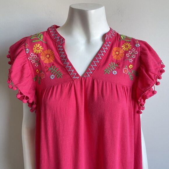Umgee Floral Embroidered Boho Linen Blend A-line Dress Pom Pom Trim Pink - Small - Picture 2 of 12